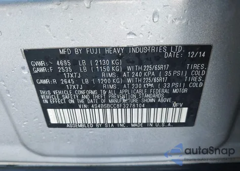 2015 Subaru Outback 2.5I Premium из США, поврежденный, VIN 4S4BSBCC8F3278104